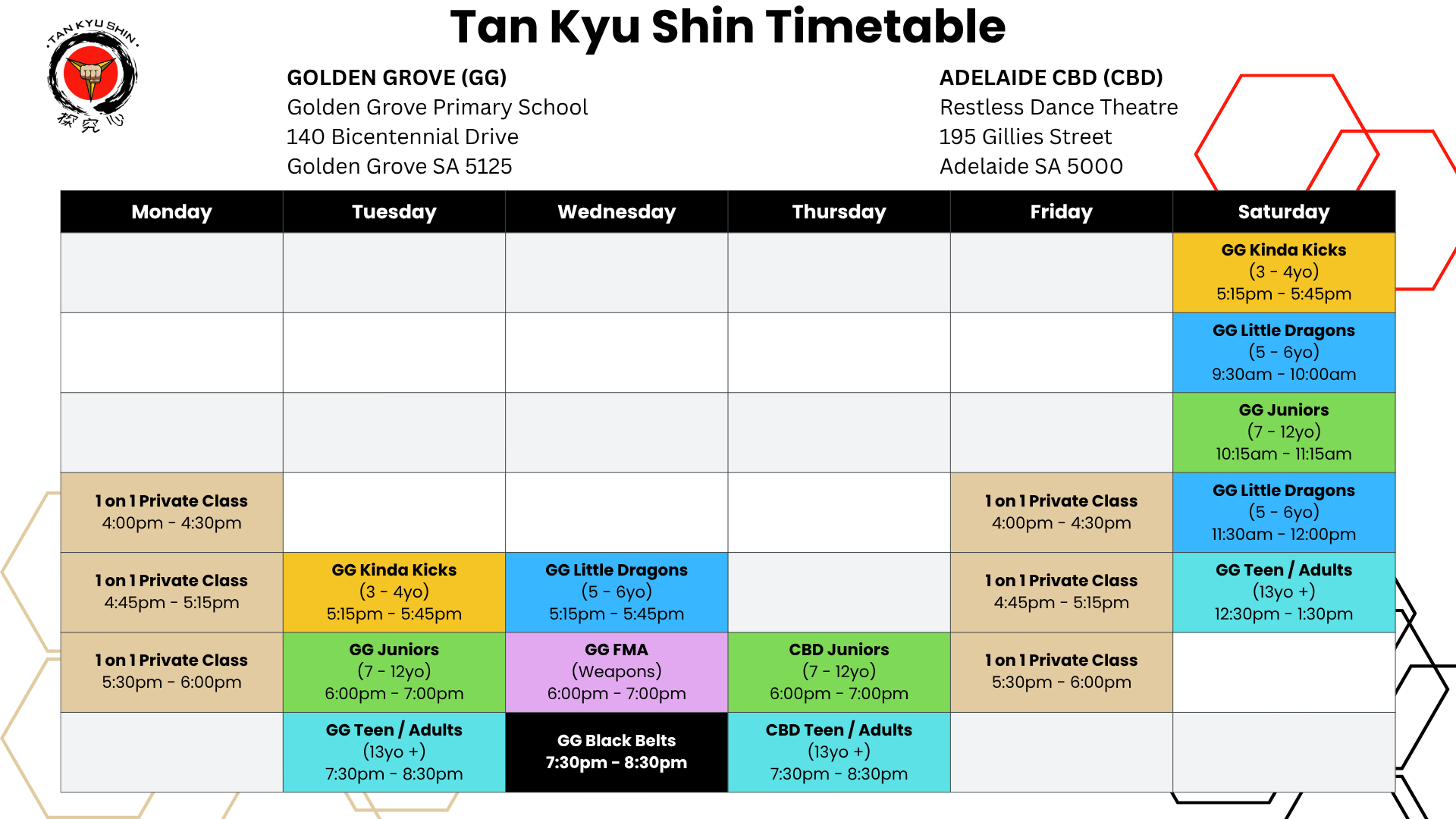 Combined Tan Kyu Shin class timetable for Golden Grove and Adelaide CBD